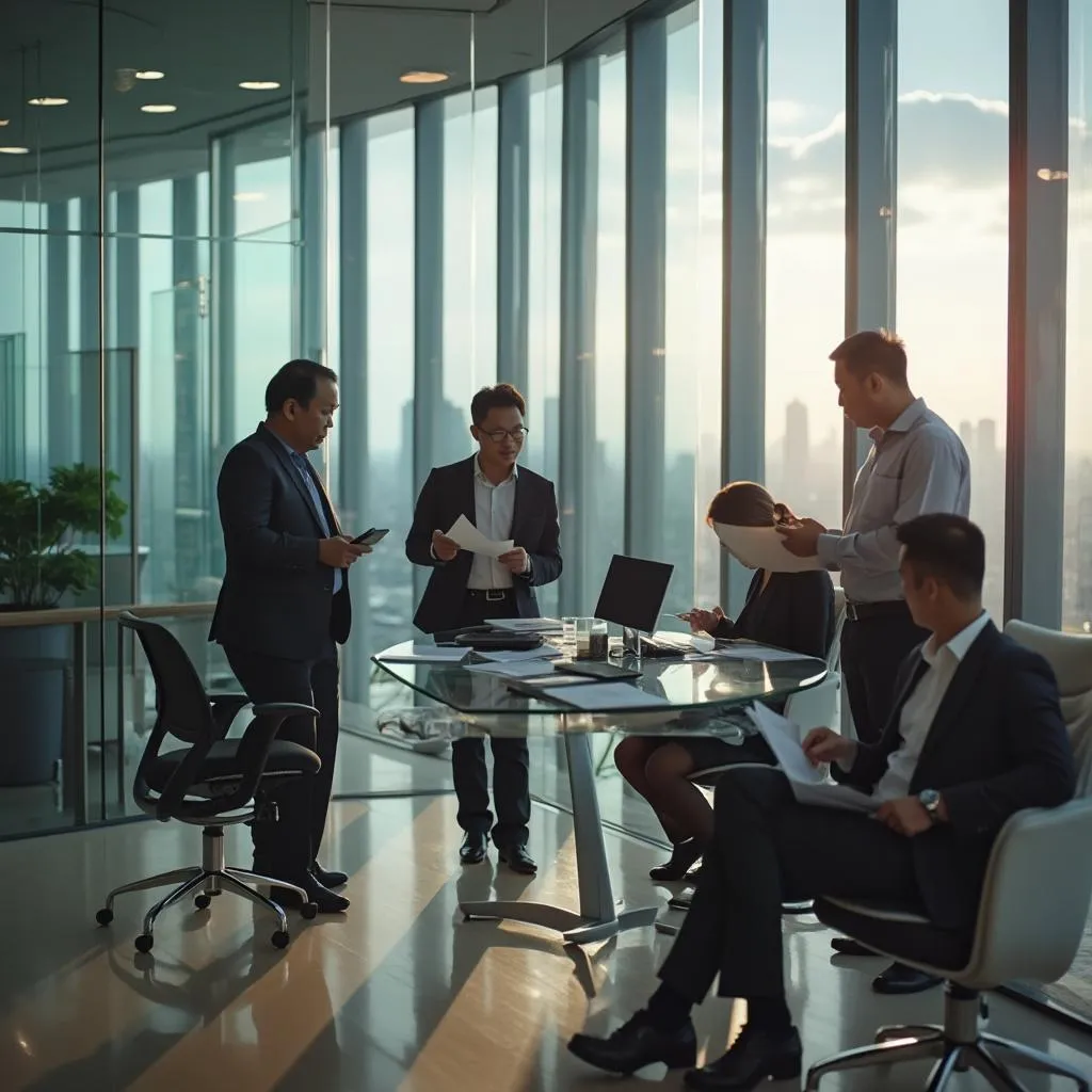 PhilInvest team in modern office overlooking Manila skyline